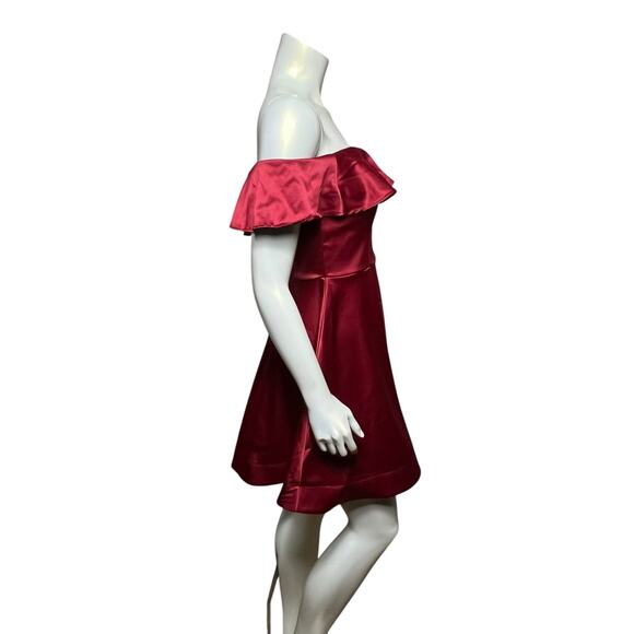 Off-Shoulder Satin Dress with Ruffle Detail in Burgundy, Size 7 - Picture 2 of 9